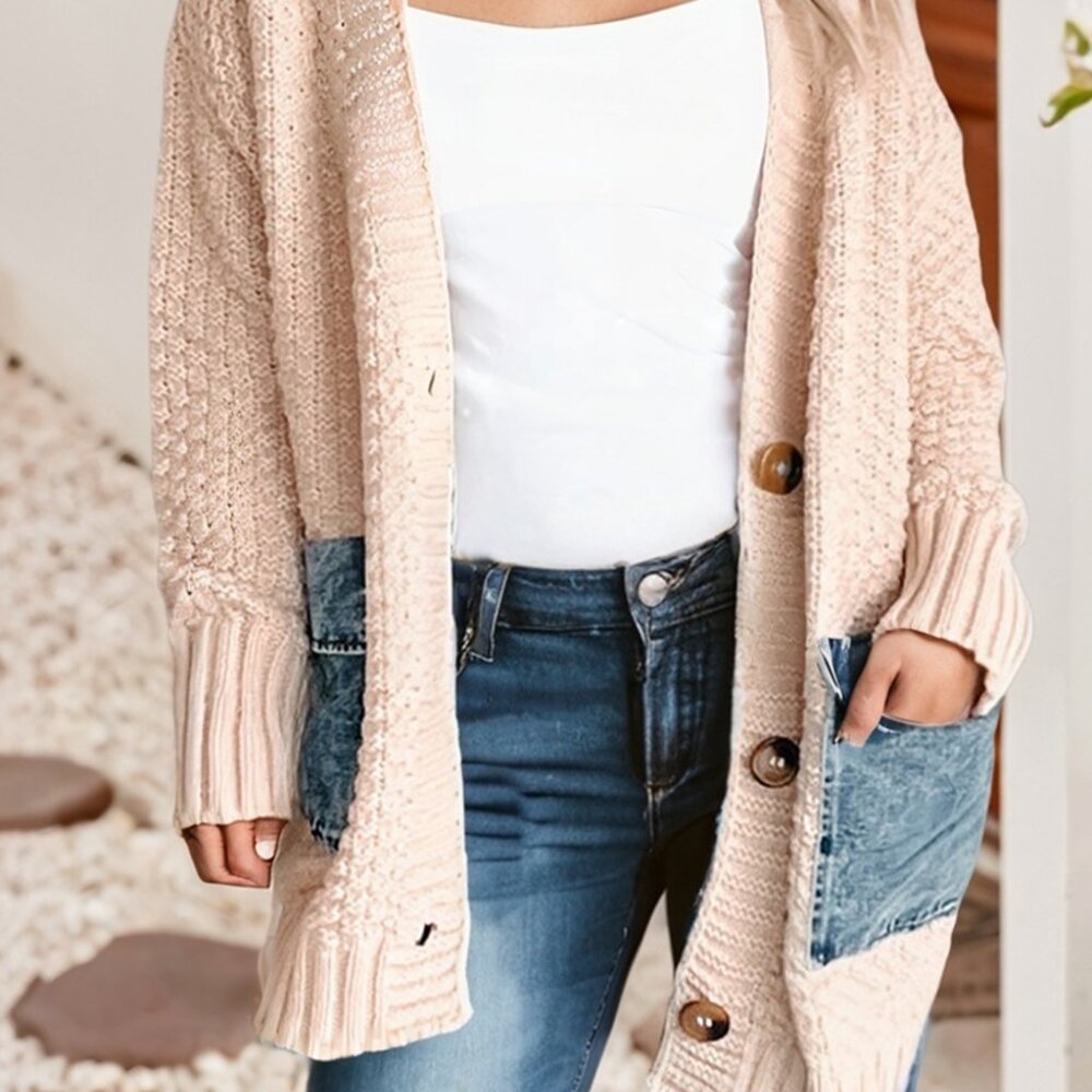 Open Front Knitted Denim Pocket Patchwork Cardigan - image 1